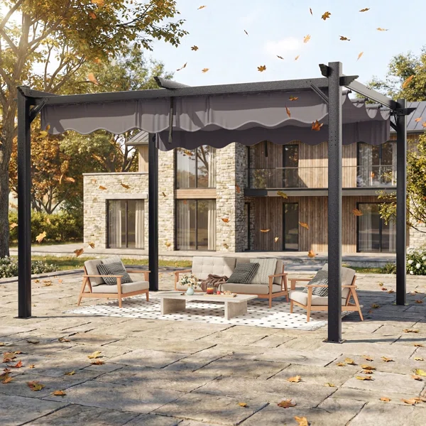 12 ft. W x 10 ft. D Outdoor Aluminum Pergola with Retractable Canopy and Anchoring Stand