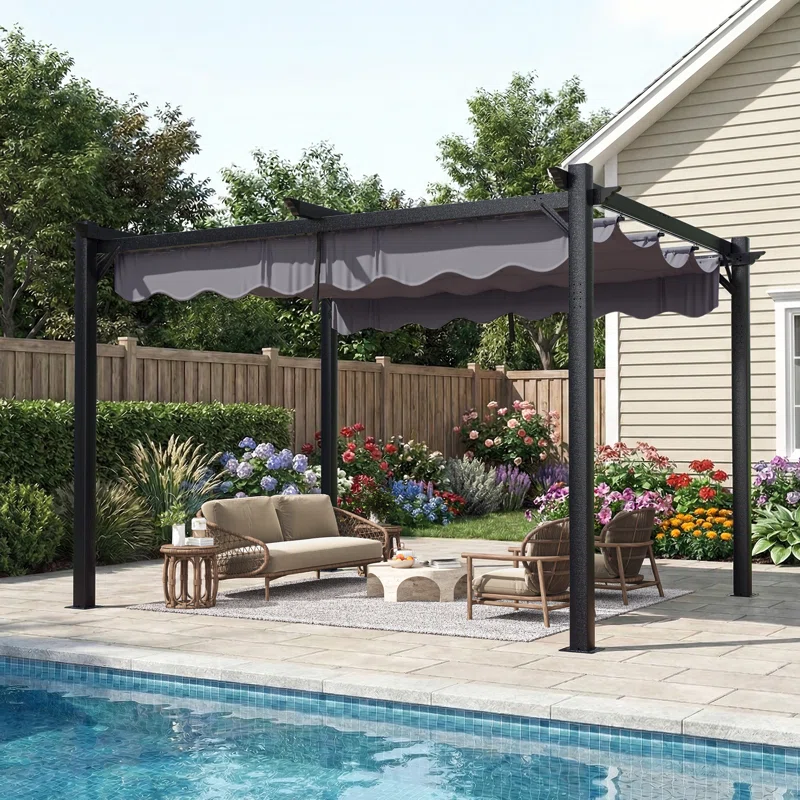 12 ft. W x 10 ft. D Outdoor Aluminum Pergola with Retractable Canopy and Anchoring Stand - Image 2